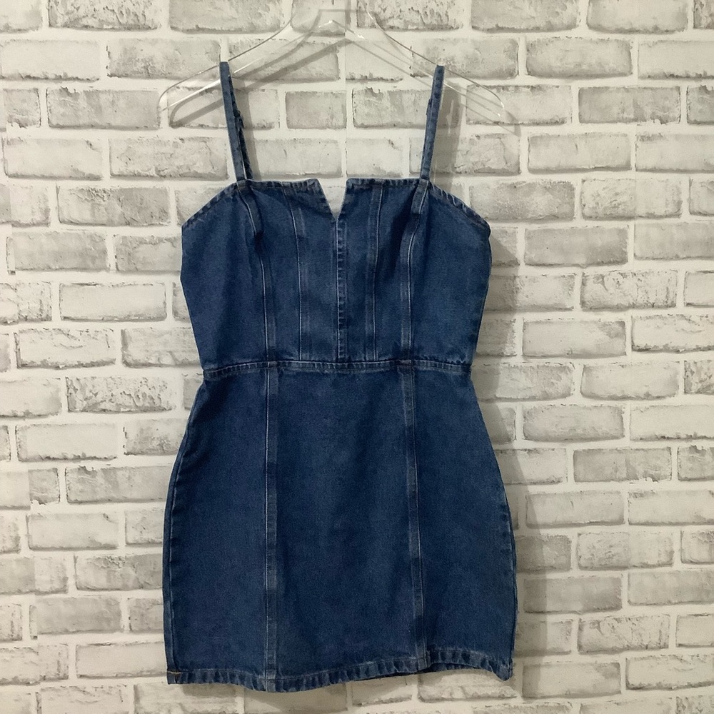 You Com Smocked back jeans straps mini-dress Size M (698)